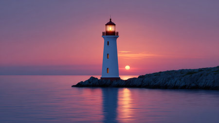 A serene seaside landscape showcasing a lighthouse against a stunning sunset backdrop. The calm waters reflect the vibrant hues of evening, creating a tranquil atmosphere. Perfect for nature lovers and travel enthusiasts.の素材