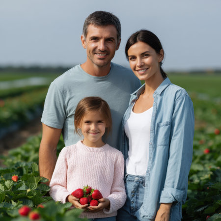 A joyful family engages in strawberry picking in a vibrant green field, sharing smiles and laughter under a clear blue sky. A delightful moment in nature.の素材