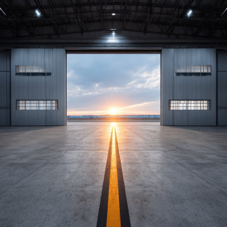 A stunning view of an industrial warehouse interior at sunrise, featuring wide open doors that frame a serene sky. The spacious concrete area captures natural light beautifully.の素材
