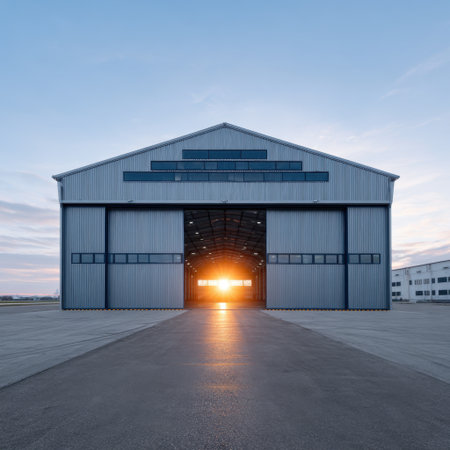 Captivating view of a large industrial warehouse at sunset, showcasing its open doors that invite light into the structure against a serene sky.の素材
