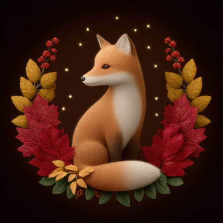 This enchanting illustration features an adorable fox seated gracefully amidst vibrant autumn leaves and berries, capturing the essence of the season.の素材