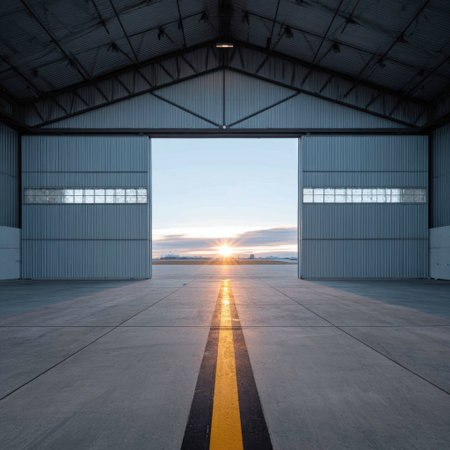 A striking perspective of an empty aircraft hangar featuring open doors at sunset, highlighting the interplay of light and shadows in a spacious environment.の素材