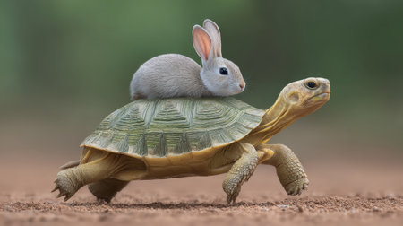 This delightful image captures a rabbit peacefully sitting atop a tortoise, showcasing their unique friendship and playful interaction in a natural setting.の素材