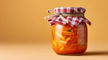 A vibrant glass jar filled with homemade pickles rests against an orange backdrop, showcasing a rustic checkered lid. Ideal for food and cooking themes.の素材