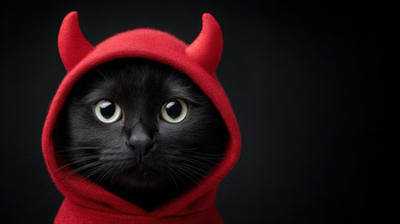A captivating portrait of a black cat wearing a bright red hoodie with devil horns, showcasing a charming and playful expression against a dark background.の素材