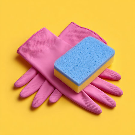 This image features vibrant pink rubber gloves and a blue sponge resting on a bright yellow background, highlighting cleaning essentials for any household task.の素材