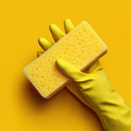 This vibrant image features a hand in a yellow rubber glove holding a bright yellow sponge against a matching background, ideal for cleaning themes.の素材