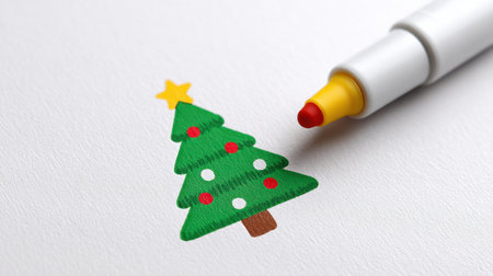 A vibrant Christmas tree illustration created with colorful markers, featuring a star and polka dots, perfect for conveying festive spirit and creativity.の素材