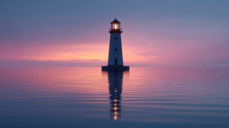 A tranquil scene featuring a lighthouse at twilight, casting a gentle light on calm waters, surrounded by soft pastel colors of the evening sky.の素材