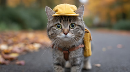 A charming cat wearing a yellow hat and cape strolls down a picturesque autumn pathway, surrounded by vibrant falling leaves, radiating pure joy.の素材