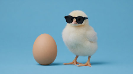A charming yellow chick dons stylish sunglasses while standing next to an egg on a light blue background. This playful image captures joy and humor, making it ideal for creative projects.の素材