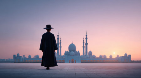 A solitary figure wearing traditional attire walks towards an iconic mosque at dawn, enveloped in soft morning light, evoking a serene atmosphere.の素材