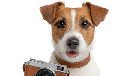 This charming image features a playful dog holding a vintage camera, radiating joy and curiosity. The white background enhances the delightful expression, perfect for pet lovers and photography enthusiasts.の素材