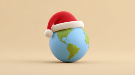 A charming globe adorned with a bright red Santa hat, set against a warm beige backdrop, perfect for conveying festive joy and global unity during the holiday season.の素材
