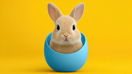 This charming image features an adorable bunny nestled inside a vibrant blue egg against a bright yellow background, perfect for spring celebrations.の素材