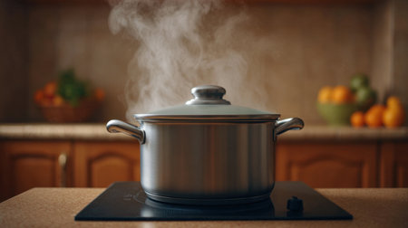 A stainless steel cooking pot sits on a sleek stove, emitting steam in a warmly lit kitchen, surrounded by vibrant fresh fruits, inviting culinary creativity.の素材