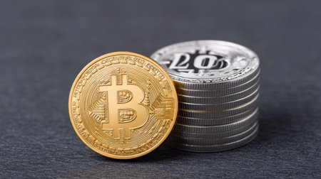 This image features a gold Bitcoin coin placed next to a stack of silver coins on a grey background, symbolizing digital currency investment and financial innovation.の素材
