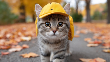 Adorable tabby cat dressed in a bright yellow hat explores a scenic path, surrounded by colorful autumn leaves and a cheerful outdoor environment.の素材