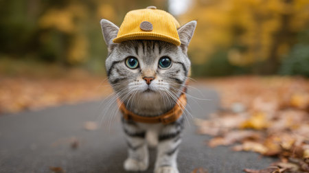 A charming cat donning a bright yellow cap and vest walks along a leaf-strewn path in an autumn forest, embodying a joyful and playful spirit.の素材