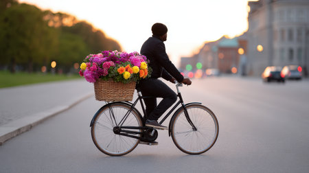 A man enjoys a peaceful ride on a bicycle with a basket full of colorful flowers at sunset, capturing a joyful moment in an urban landscape.の素材