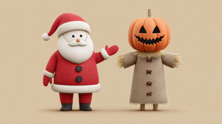 A whimsical scene featuring a joyful Santa Claus standing next to a scarecrow with a pumpkin head. Ideal for festive holiday themes and autumn celebrations.の素材
