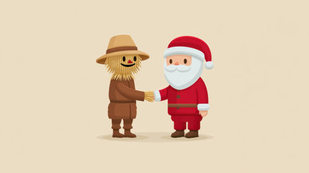 A whimsical illustration featuring Santa Claus shaking hands with a cheerful scarecrow, celebrating friendship in a lighthearted, festive atmosphere.の素材