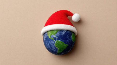 A whimsical globe adorned with a festive Santa hat, symbolizing global holiday spirit. This imaginative representation captures the joy and cultures of Christmas celebrations around the world.の素材