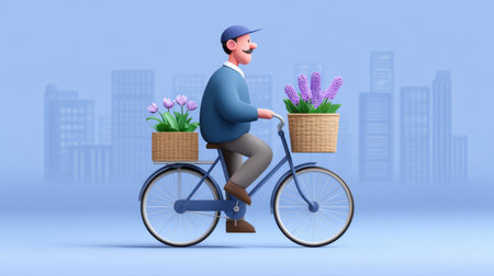 A cheerful illustration of a man riding a bicycle adorned with flower baskets, set against a modern city skyline. Perfect for lifestyle and nature themes.の素材