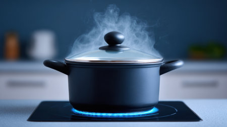 A black pot with steam rising from it sits on an electric stove in a cozy kitchen, highlighting the essence of home cooking and culinary arts.の素材