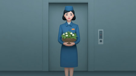 A woman in a blue uniform stands in a modern elevator, holding a potted plant. The minimalist aesthetic creates a serene and professional atmosphere, perfect for hospitality themes.の素材
