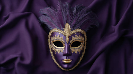 This stunning masquerade mask features rich purple hues and ornate golden decorations, enhanced by delicate feathers, perfect for festive occasions.の素材