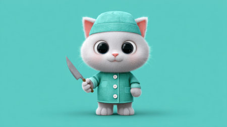 This adorable cartoon cat in scrubs holds a knife, creating a whimsical and playful illustration. The bright turquoise background enhances its cute features and lively expression.の素材