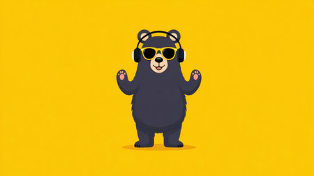 This vibrant illustration features a joyful cartoon bear wearing sunglasses and headphones, dancing cheerfully against a bright yellow background, perfect for playful themes.の素材