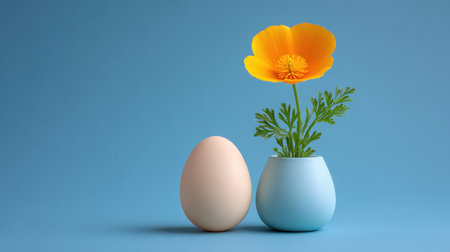 A soft egg stands beside a vibrant yellow flower in a blue pot, set against a calming blue backdrop, perfect for spring and Easter themes.の素材