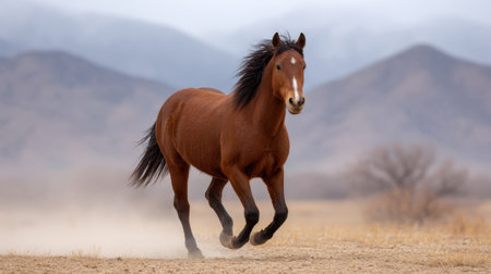 A glorious brown horse runs energetically across a dusty field, with majestic mountains and a cloudy sky in the background, embodying freedom and beauty.の素材