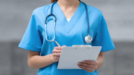 A healthcare professional wearing blue scrubs stands with a clipboard and stethoscope, ready for patient consultation. The image represents dedication in the healthcare field.の素材