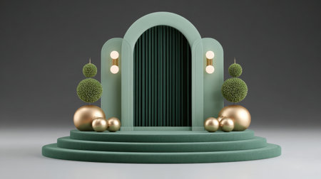 This captivating elegant green stage features soft textures and golden accents, ideal for events, presentations, or artistic displays, enhancing any setting.の素材