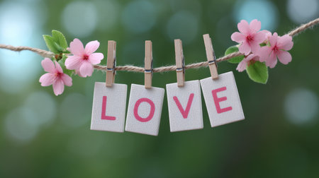 An enchanting image depicting the word love, crafted from wooden letters, adorned with soft pink flowers, set against a blurred natural background, ideal for romantic themes.の素材