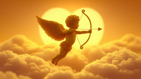 A charming cherub with wings holds a bow and arrow, soaring through a golden sunset sky filled with soft clouds, embodying joy and romance.の素材