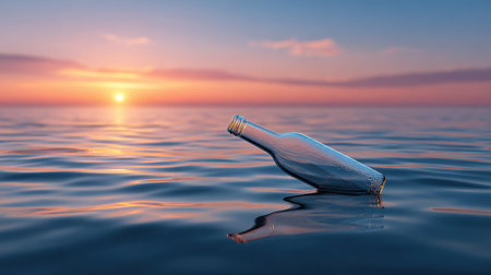A glass bottle floats gently on the surface of tranquil ocean waters, illuminated by a stunning sunset. This picturesque scene evokes feelings of solitude, peace, and adventure in nature.の素材