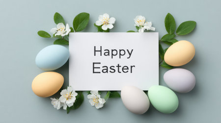 Colorful decorative Easter eggs nestled among fresh green leaves and white flowers enhance a festive atmosphere in celebration of the holiday.の素材