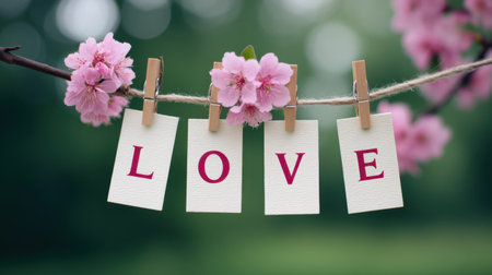 Beautifully captured scene of love letters displayed on a branch, surrounded by delicate pink blossoms. A perfect blend of nature and emotion.の素材