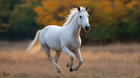 A stunning white horse captured in motion as it gallops across a golden meadow, surrounded by soft autumn colors and natural beauty, showcasing grace and freedom.の素材