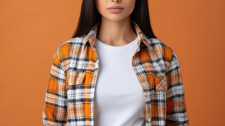A captivating portrait of a young woman wearing a casual checkered shirt layered over a white t-shirt, set against a vibrant orange background.の素材