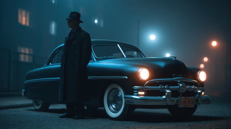 A mysterious figure dressed in a coat and hat stands beside a classic car in a foggy urban landscape at night, illuminated by street lights.の素材
