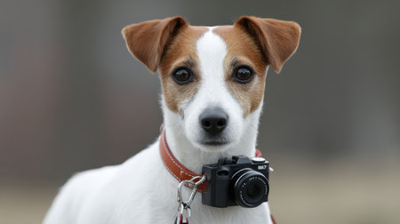 A charming dog wearing a camera accessory poses in the outdoors, capturing the essence of playful moments. This photo embodies a unique blend of companionship and creativity.の素材