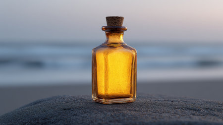 A beautiful glass bottle with a cork cap filled with golden liquid sits on sandy beach. The backdrop features a calming ocean at sunset, evoking tranquility.の素材