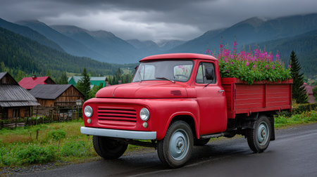 A vibrant vintage red truck filled with beautiful flowers stands on a quiet road surrounded by a lush green landscape, showcasing nature's beauty and serenity.の素材