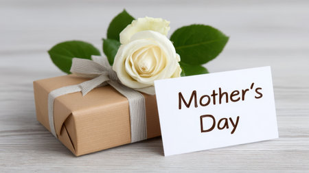 A beautifully wrapped gift for Mother's Day featuring a delicate white rose and a charming card. Ideal representation of love and appreciation.の素材