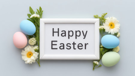 Celebrate the joy of Easter with a charming arrangement featuring colorful eggs, fresh flowers, and a cheerful greeting framed beautifully.の素材